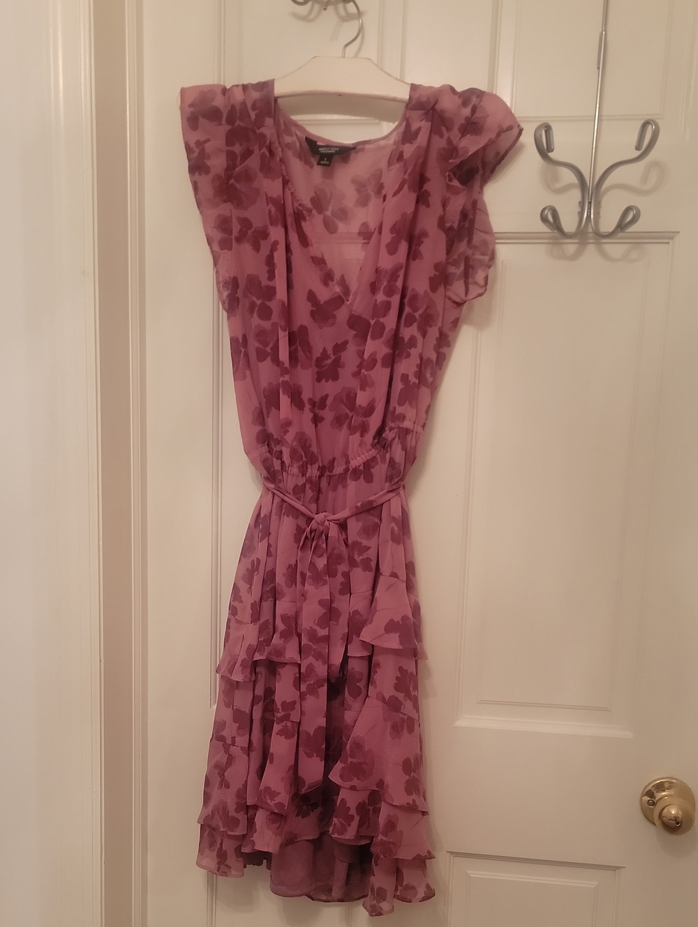 Women's Mauve Floral Tie-Waist Ruffle Midi Dress